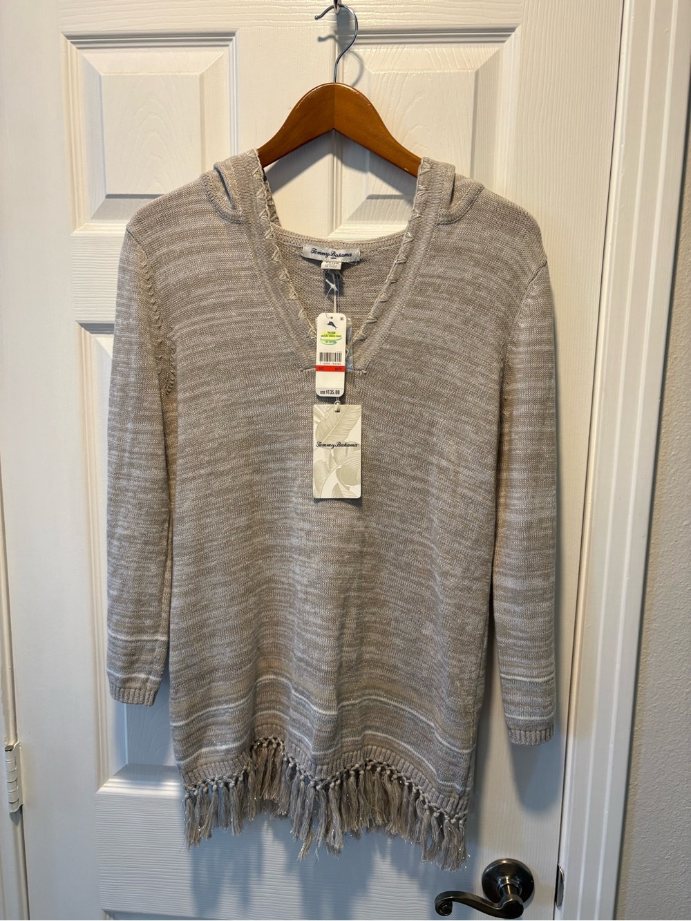 Tommy Bahama Taupe Fringe V-Neck Hooded Sweater